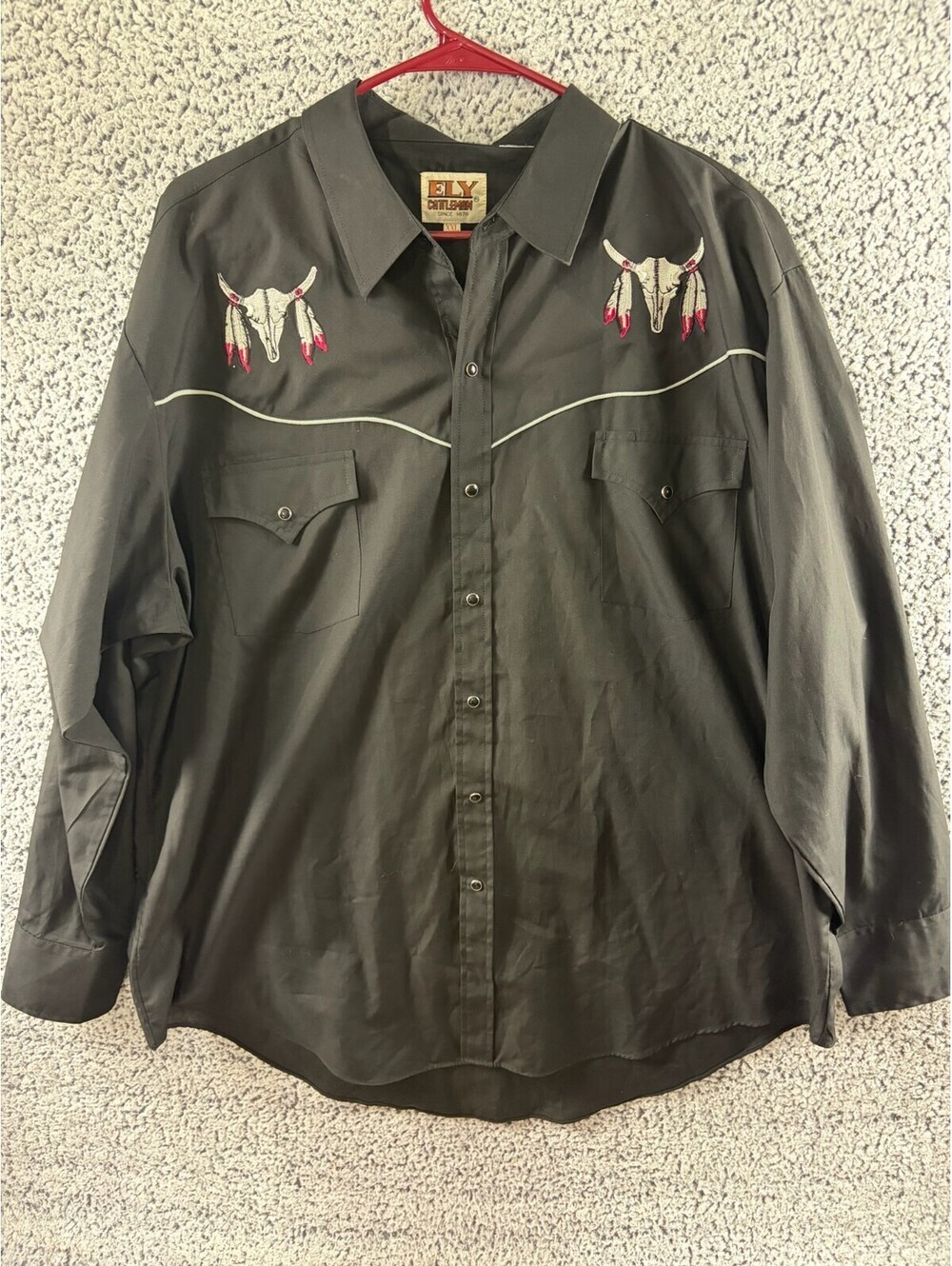 ELY Cattleman Western Shirt Men’s XXL Black Bull Skull Embroidered Pearl Snap